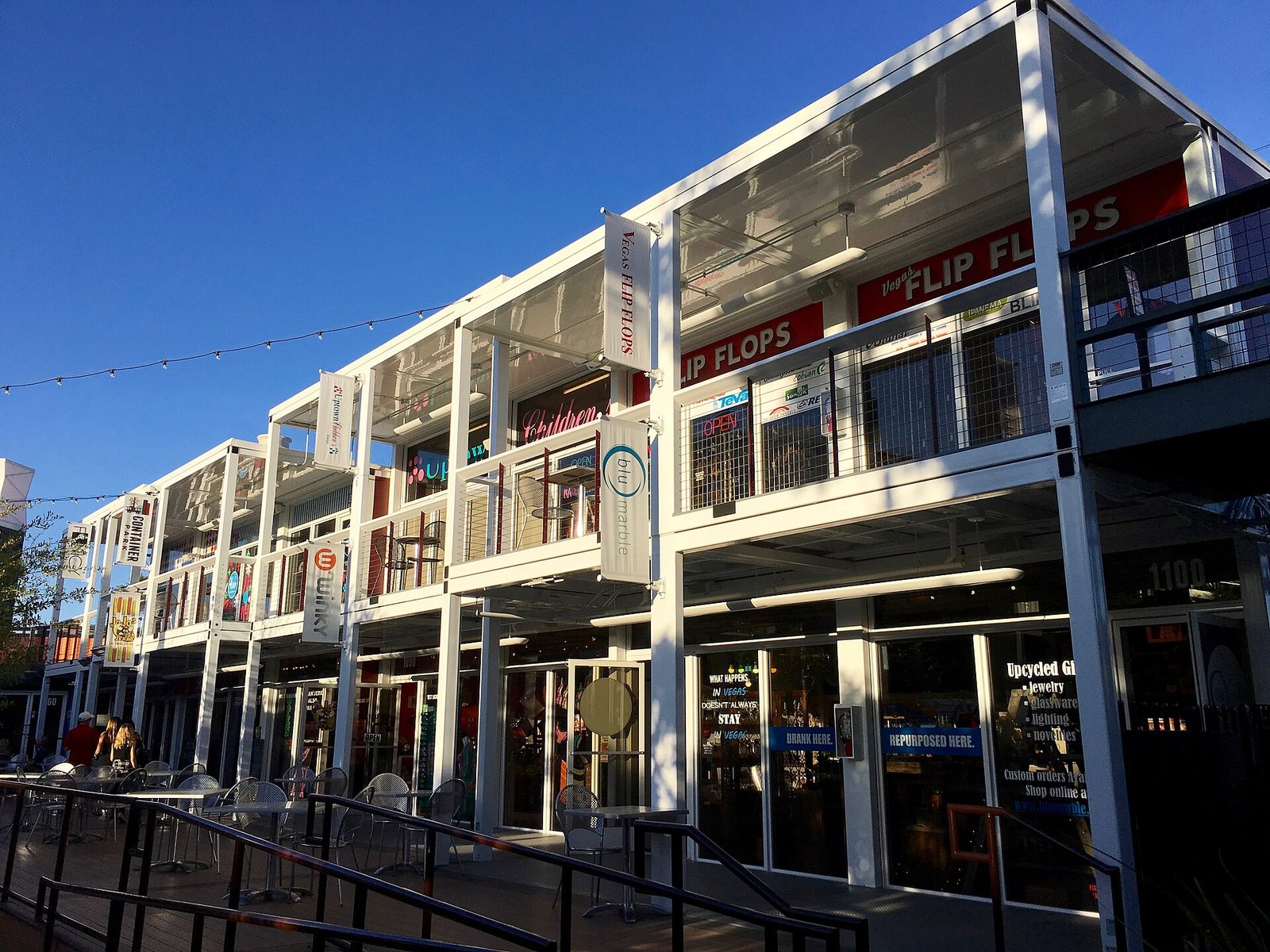Stacked shipping container shops with balconies at the Downtown Container Park in Las Vegas