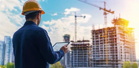 Project manager with tablet overlooking a high-rise under construction