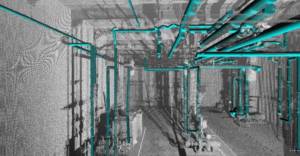 Building information model of a mechanical room showing pipes and equipment generated from laser scan data